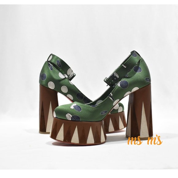 NIB Christian Louboutin Green Silk polka dot Platform Pumps Heels - Picture 4 of 9
